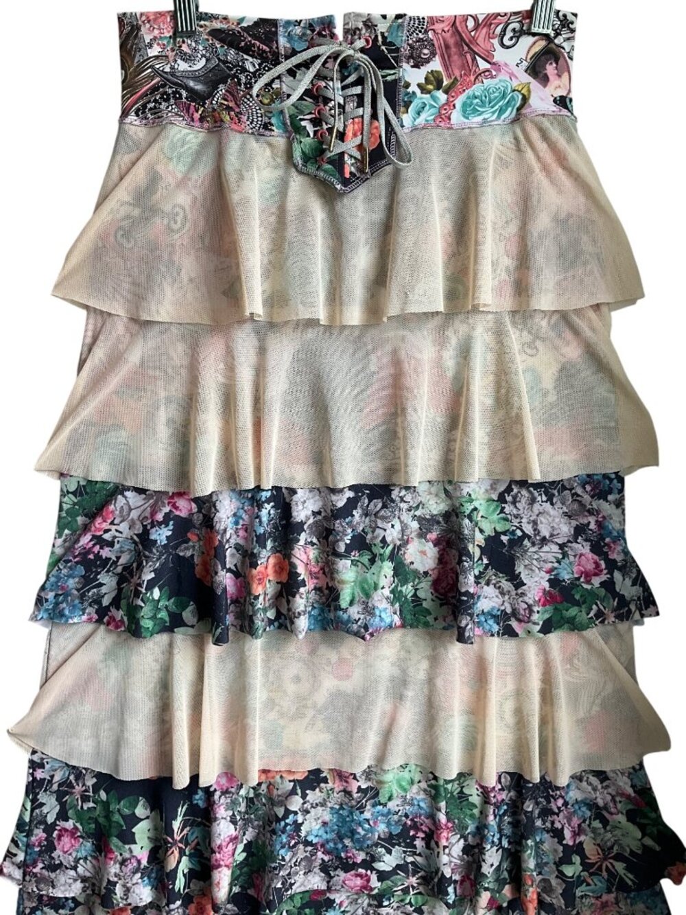 Agua Bendita 6 Tiered Floral Ruffle Maxi Skirt Lace waist Boho Whimsical - Picture 9 of 15